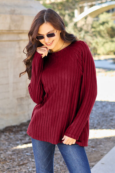 Basic Bae Full Size Ribbed Round Neck Long Sleeve Knit Women Top