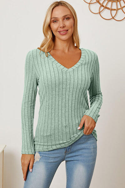 Basic Bae Full Size Ribbed V-Neck Long Sleeve Women T-Shirt