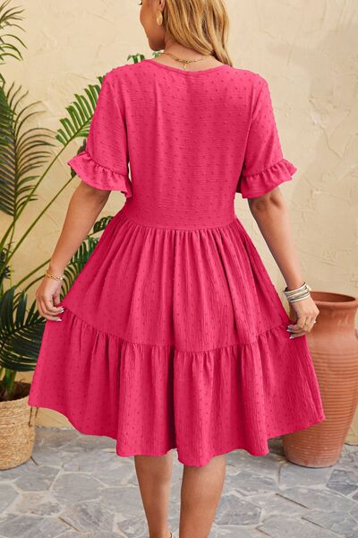 Swiss Dot Ruffled V-Neck Tiered Women Dress