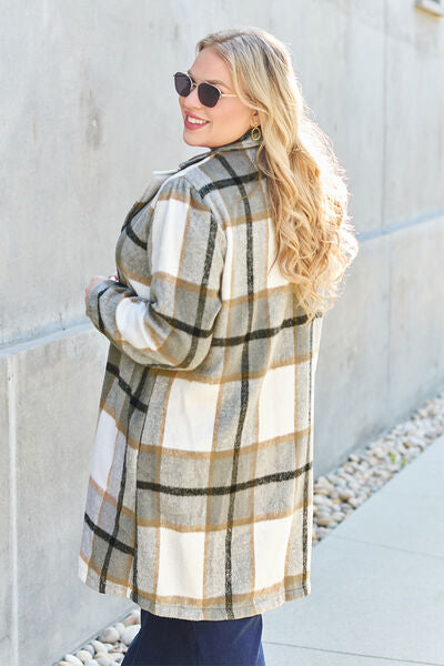 Double Take Full Size Plaid Button Up Lapel Women Collar Coat