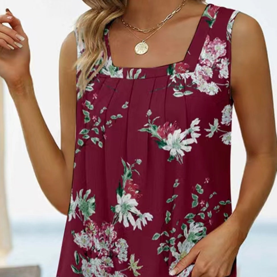 Printed Square Neck Curved Hem Women Tank