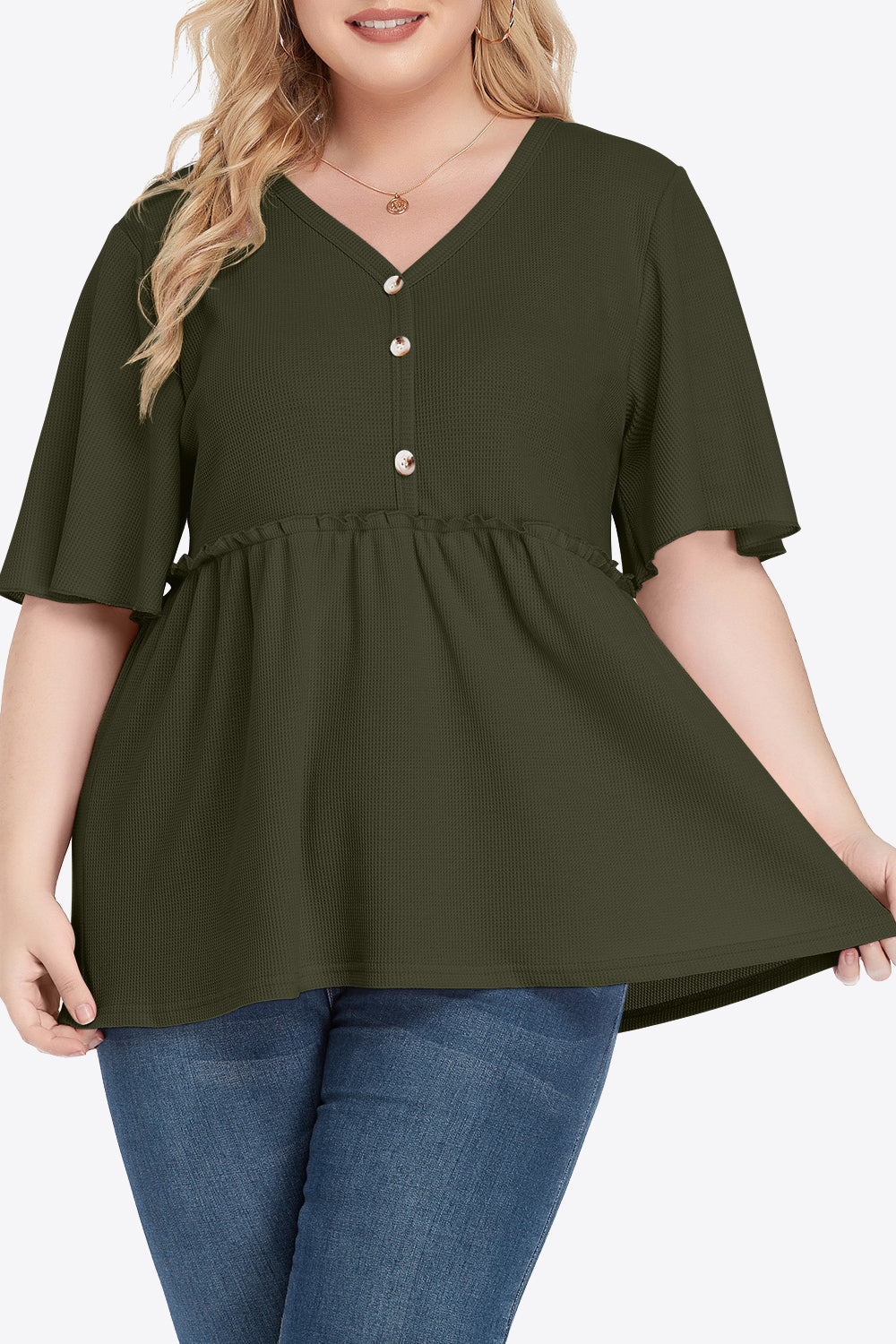 Plus Size Buttoned V-Neck Frill Trim Women Babydoll Blouse