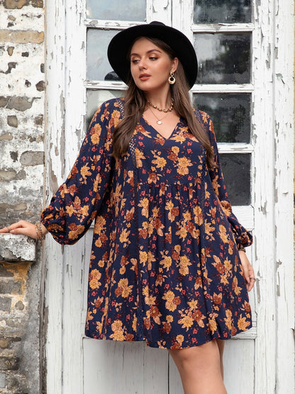 Plus Size Floral V-Neck Balloon Sleeve Women Dress