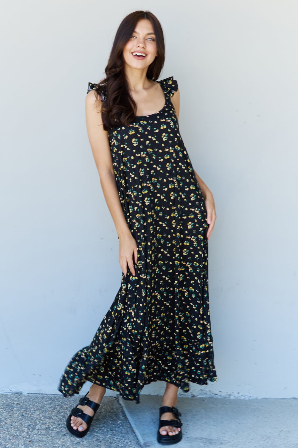 Doublju In The Garden Ruffle Floral Women Maxi Dress in  Black Yellow Floral