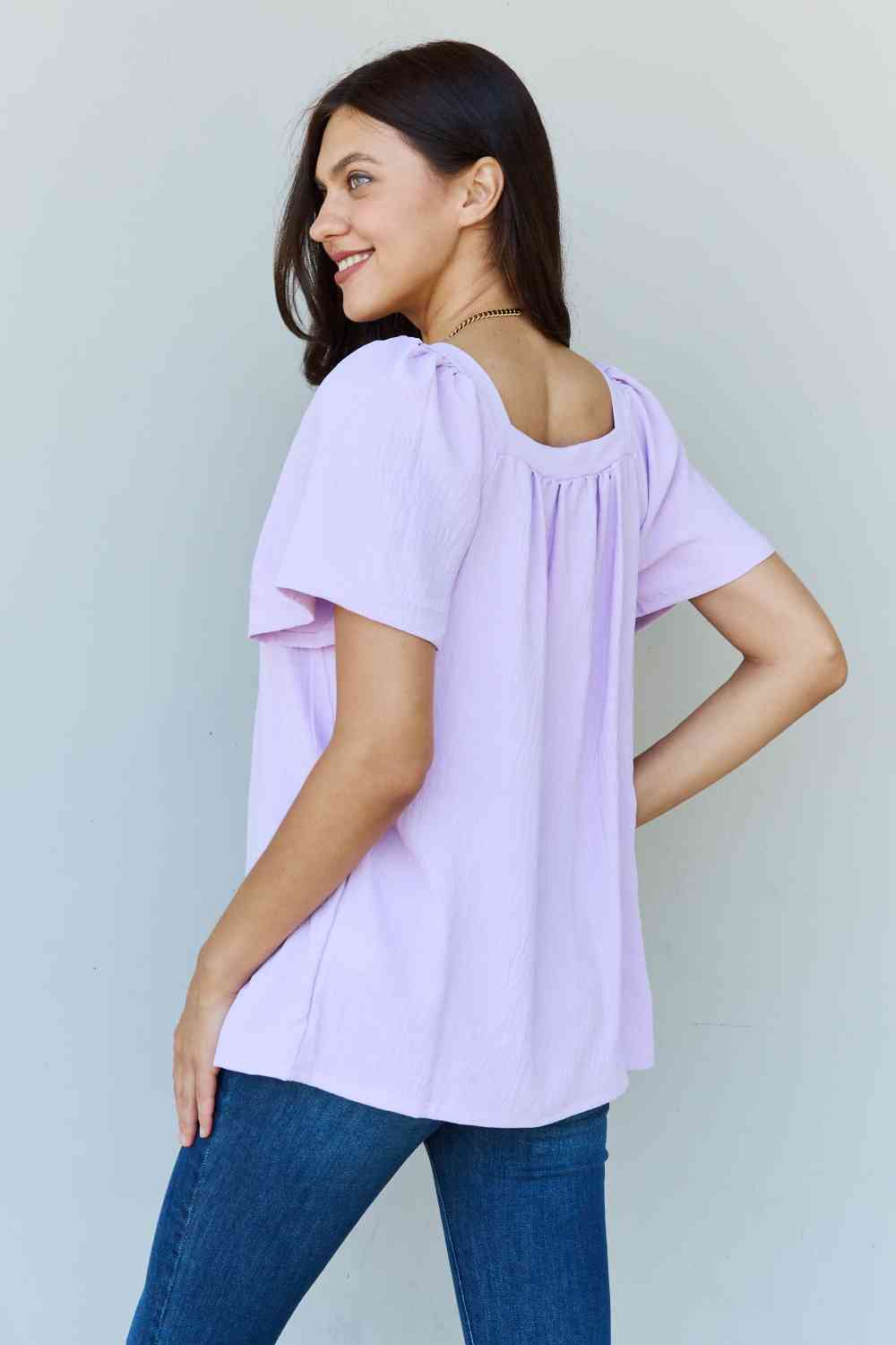 Ninexis Keep Me Close Square Neck Short Sleeve Women Blouse in Lavender