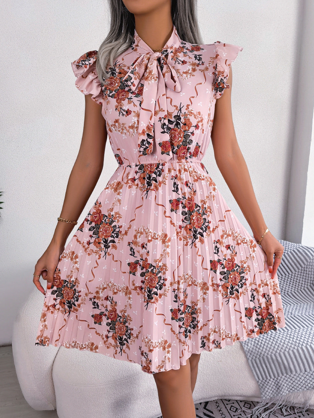 Pleated Floral Printed Tie Neck Knee Length Women Dress