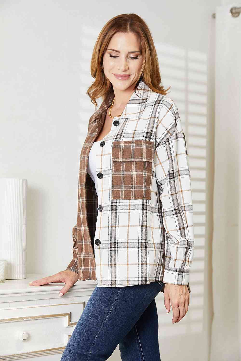 Double Take Plaid Contrast Button Up Women Shirt Women Jacket