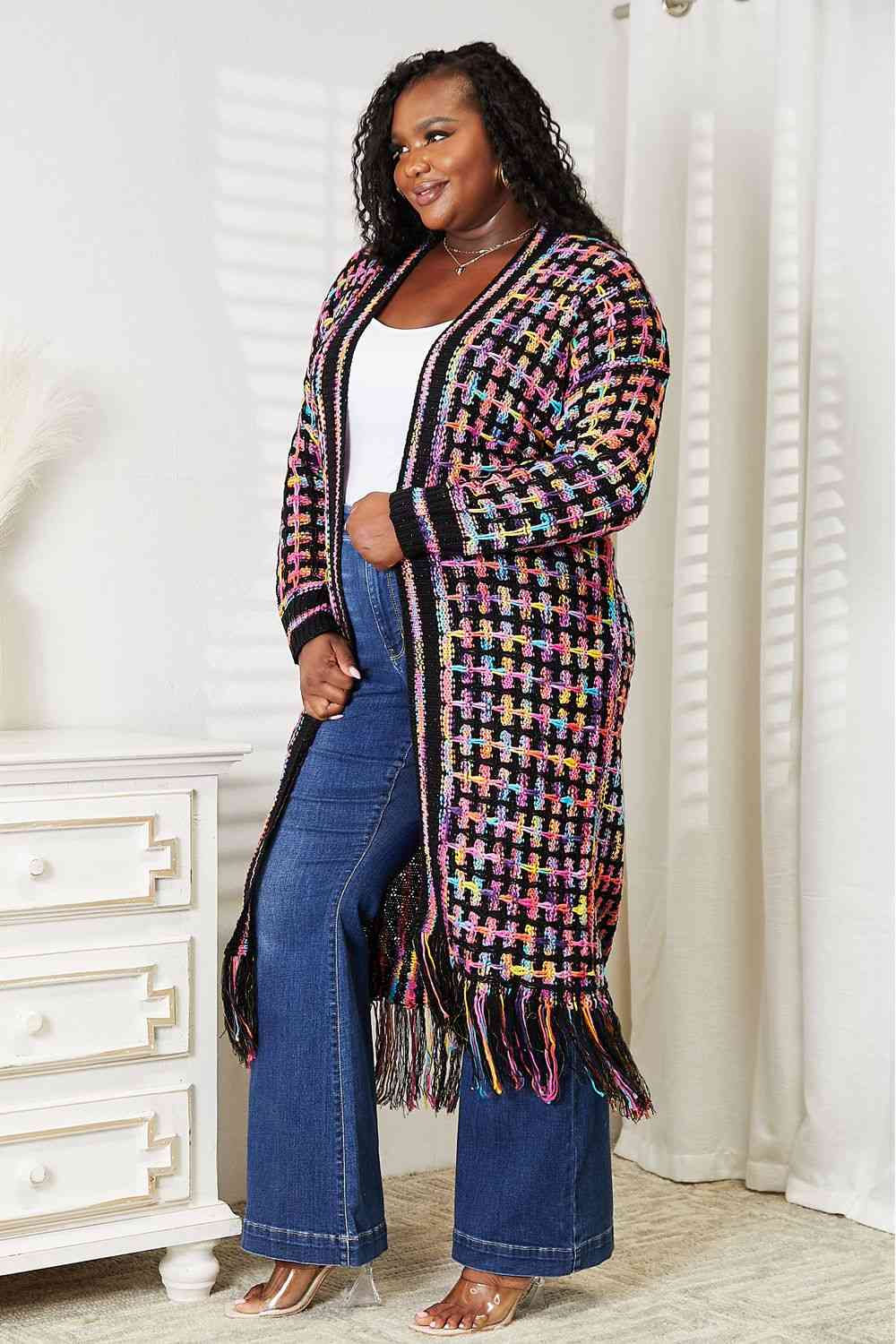 Double Take Full Size Multicolored Open Front Fringe Hem Women Cardigan