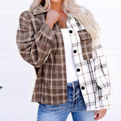 Plaid Contrast Button Up Women Shirt Jacket