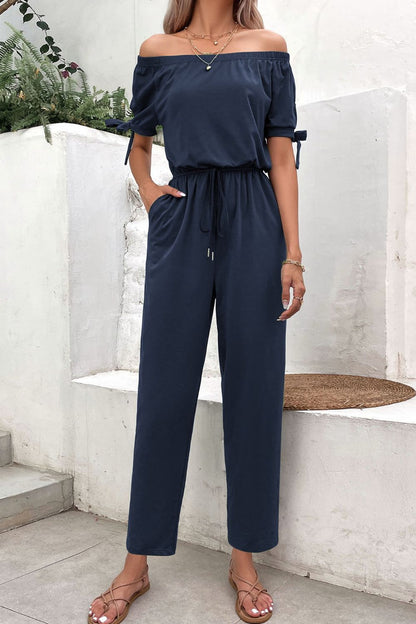 Off-Shoulder Tie Cuff Women Jumpsuit with Pockets