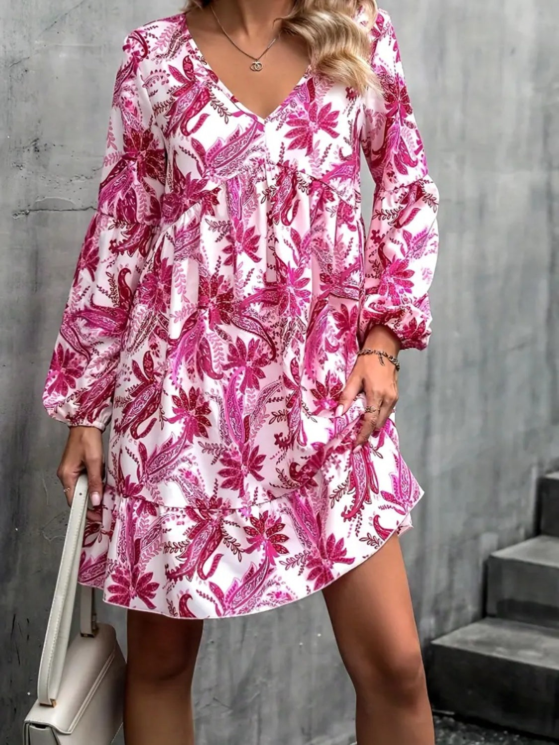 Floral V-Neck Balloon Sleeve Women Dress