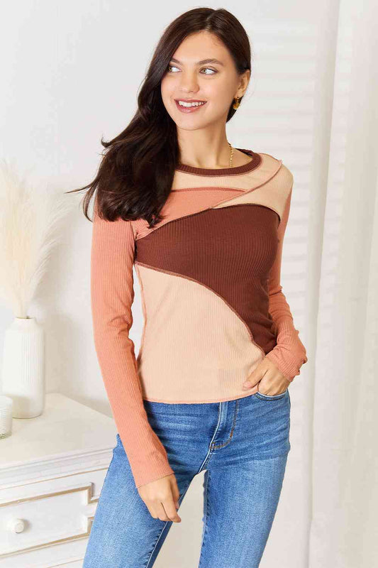 Double Take Color Block Exposed Seam Long Sleeve Women Top