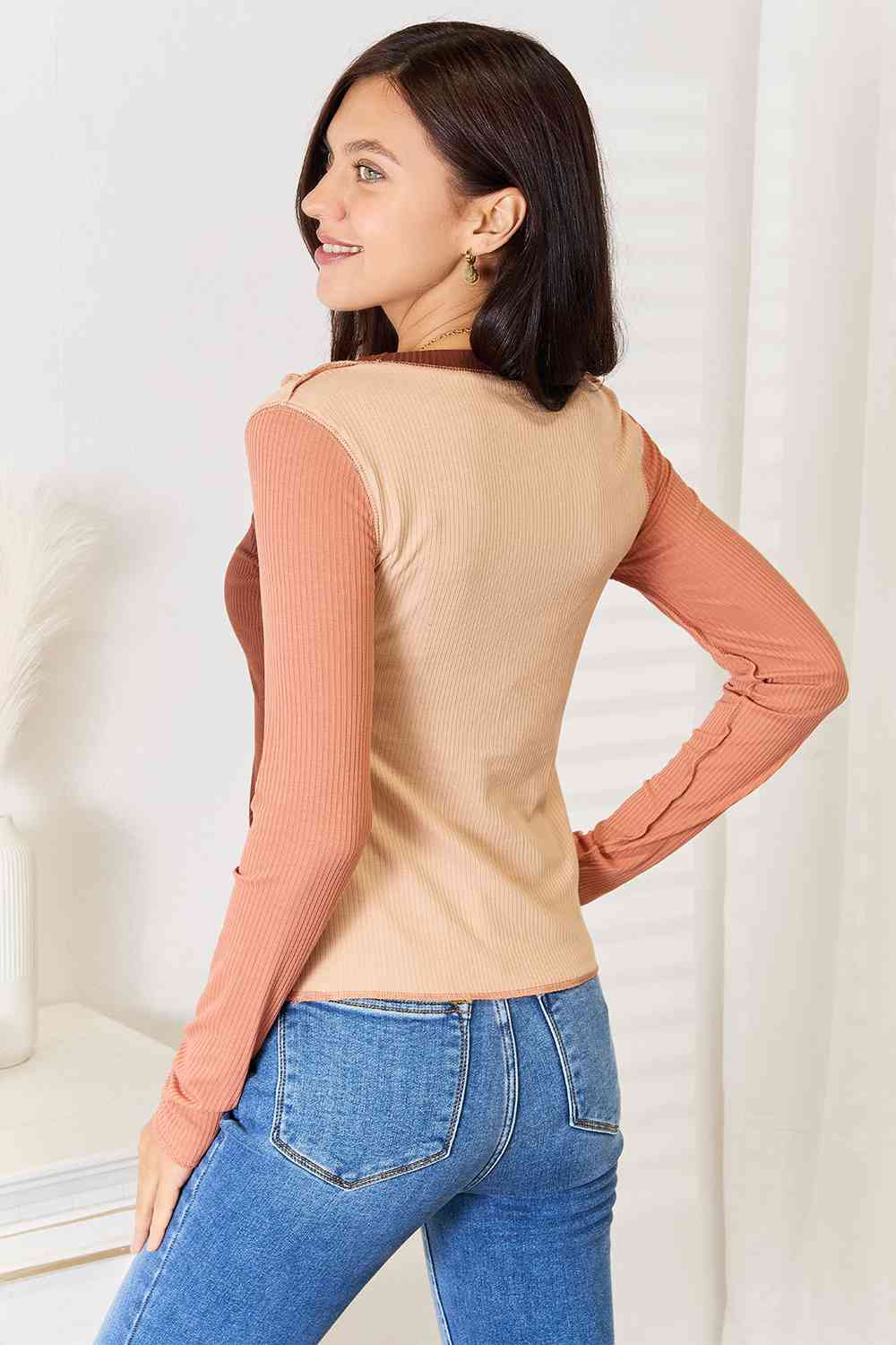 Double Take Color Block Exposed Seam Long Sleeve Women Top