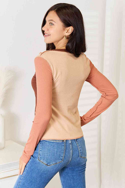 Double Take Color Block Exposed Seam Long Sleeve Women Top