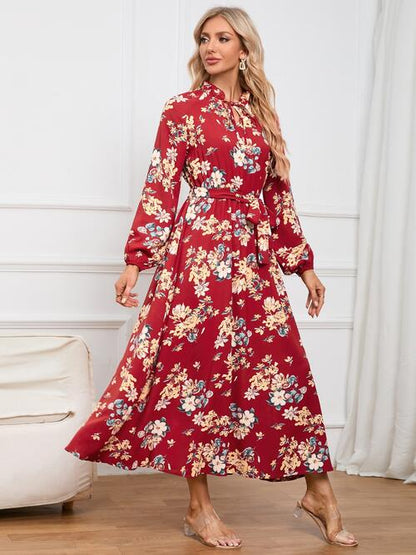 Floral Tie Front Balloon Sleeve Women Dress