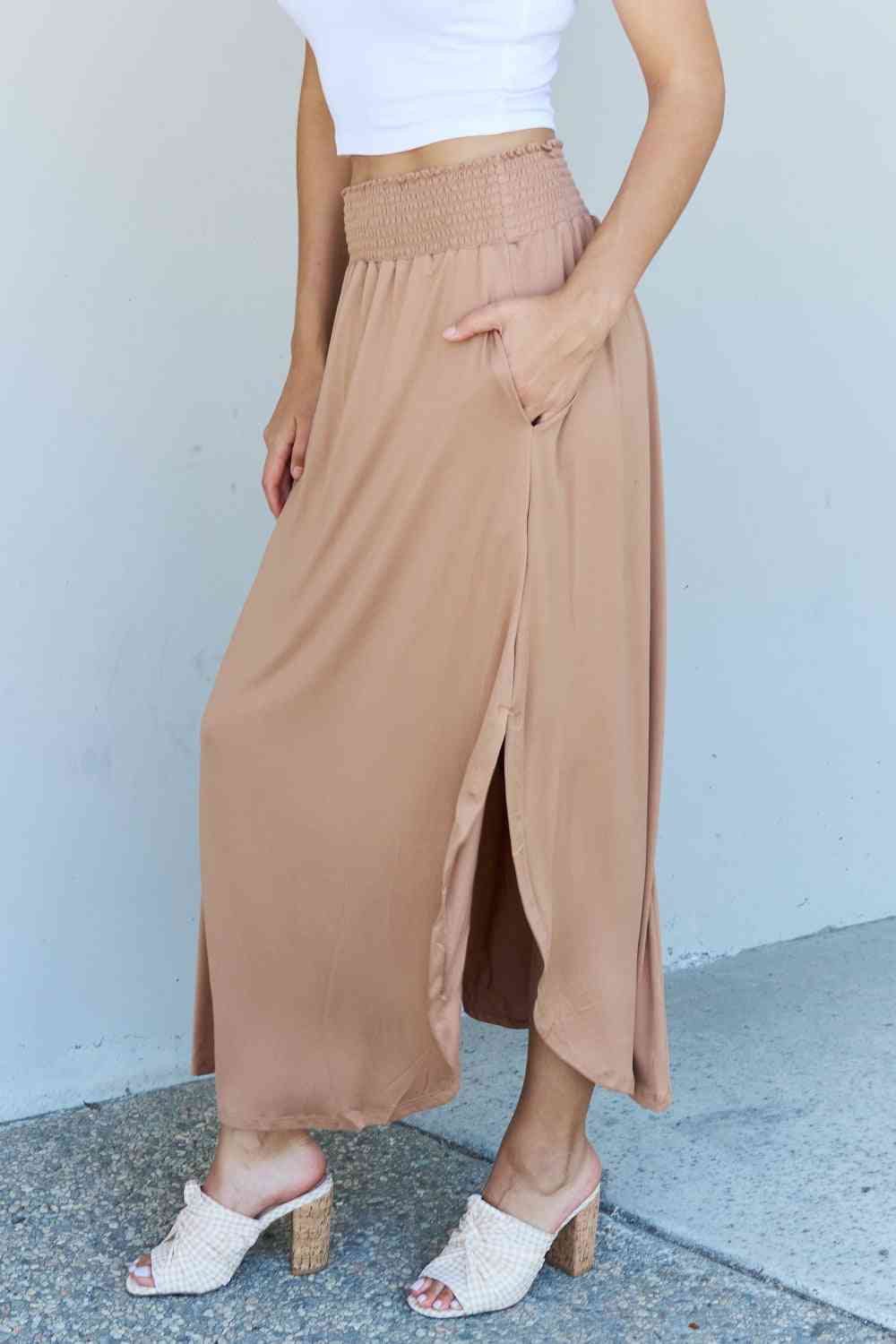 Doublju Comfort Princess Full Size High Waist Scoop Hem Women Maxi Skirt in Tan