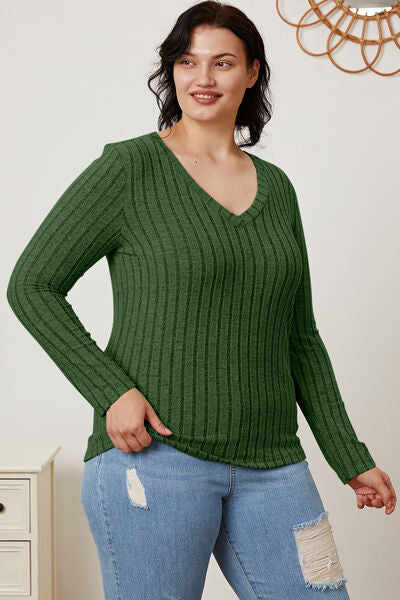 Basic Bae Full Size Ribbed V-Neck Long Sleeve Women T-Shirt