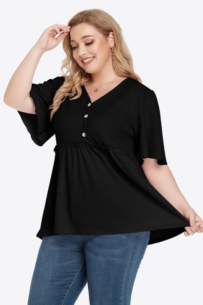 Plus Size Buttoned V-Neck Frill Trim Women Babydoll Blouse