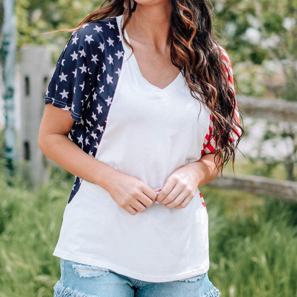 US Flag V-Neck Women Tee Shirt