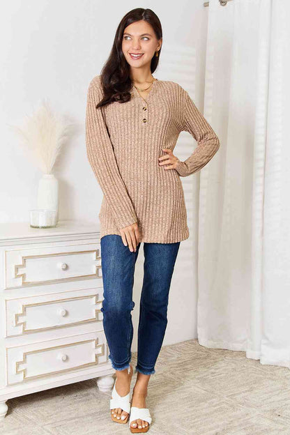 Double Take Notched Neck Ribbed Long Sleeve Women T-Shirt