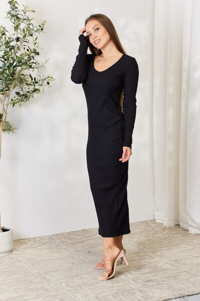 Culture Code Full Size Ribbed Long Sleeve Midi Slit Women Dress