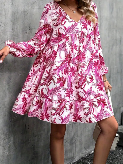 Floral V-Neck Balloon Sleeve Women Dress