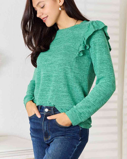 Double Take Ruffle Shoulder Long Sleeve Women T-Shirt