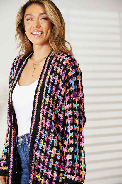 Double Take Full Size Multicolored Open Front Fringe Hem Women Cardigan