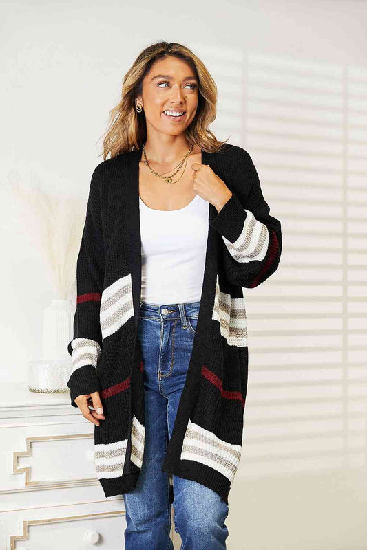 Double Take Striped Rib-Knit Drop Shoulder Open Front Women Cardigan