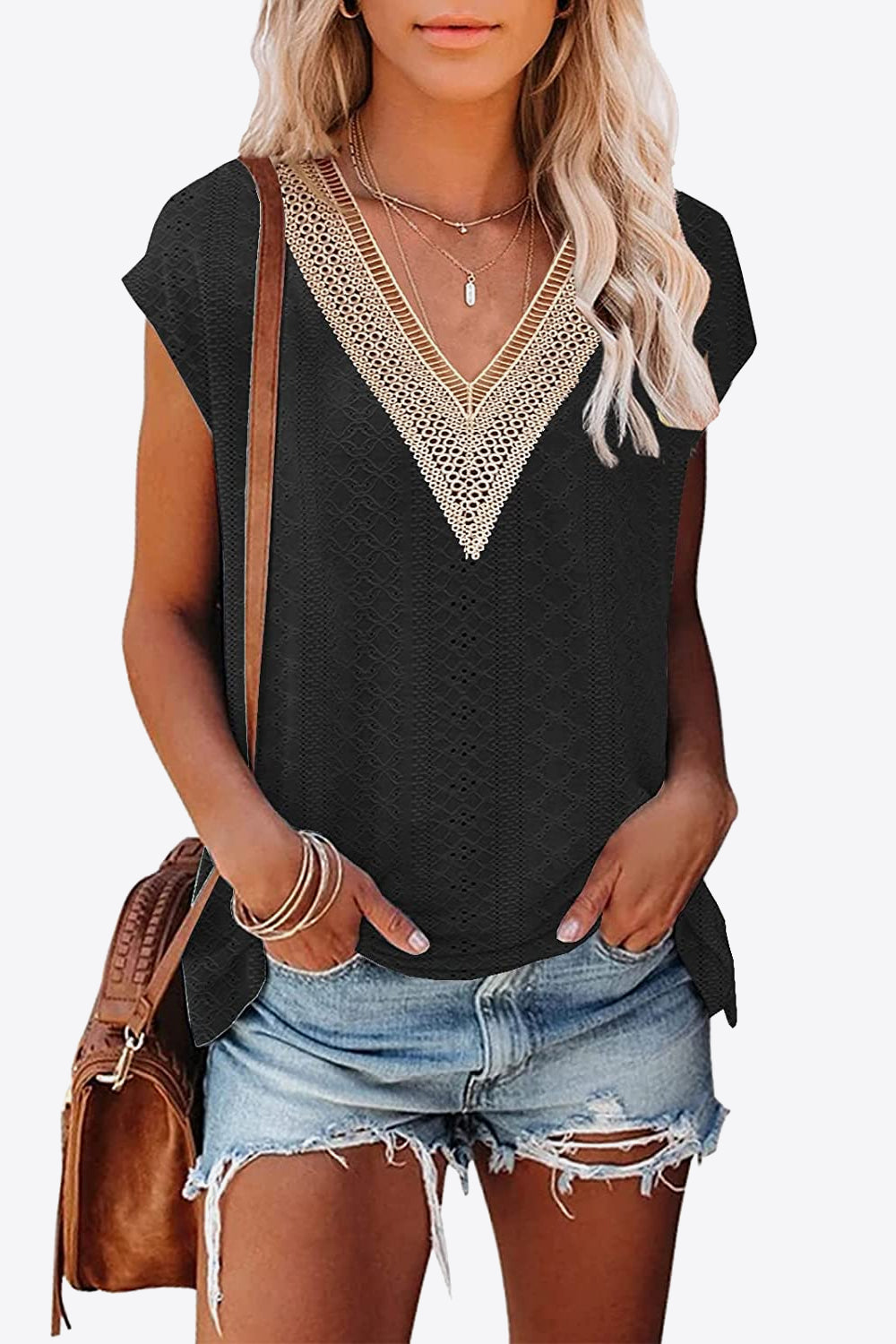 Eyelet Contrast V-Neck Women T-Shirt