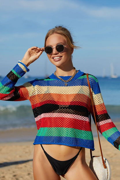 Rainbow Stripe Openwork Long Sleeve Cover-Up - Zara-Craft