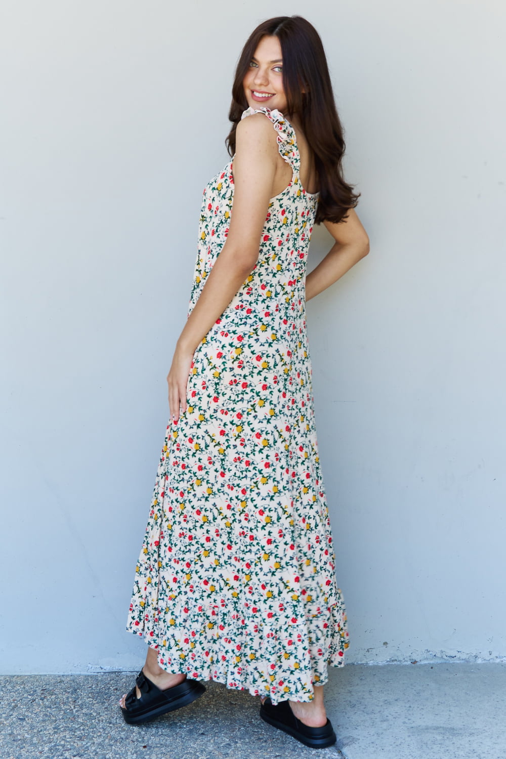 Doublju In the Garden Ruffle Floral Women Maxi Dress in Natural Rose