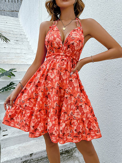 Floral Halter Neck Backless Women Dress