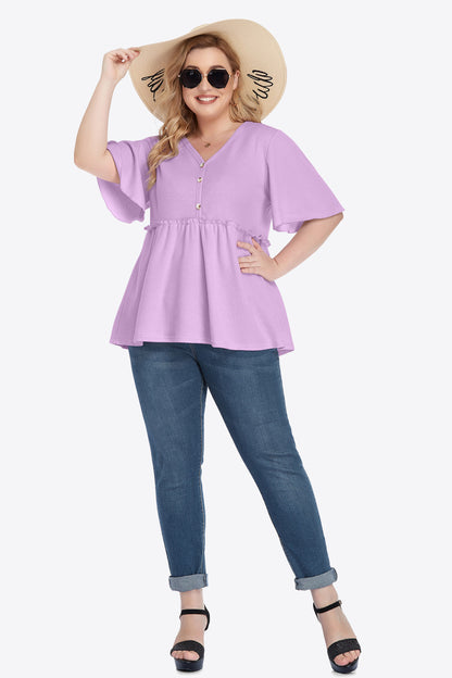 Plus Size Buttoned V-Neck Frill Trim Women Babydoll Blouse