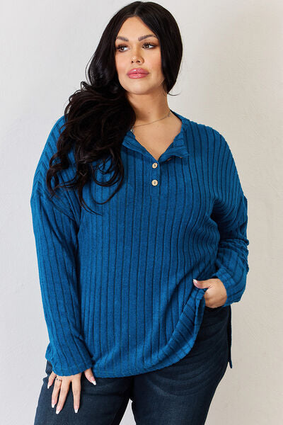 Basic Bae Full Size Ribbed Half Button Long Women Sleeve High-Low T-Shirt