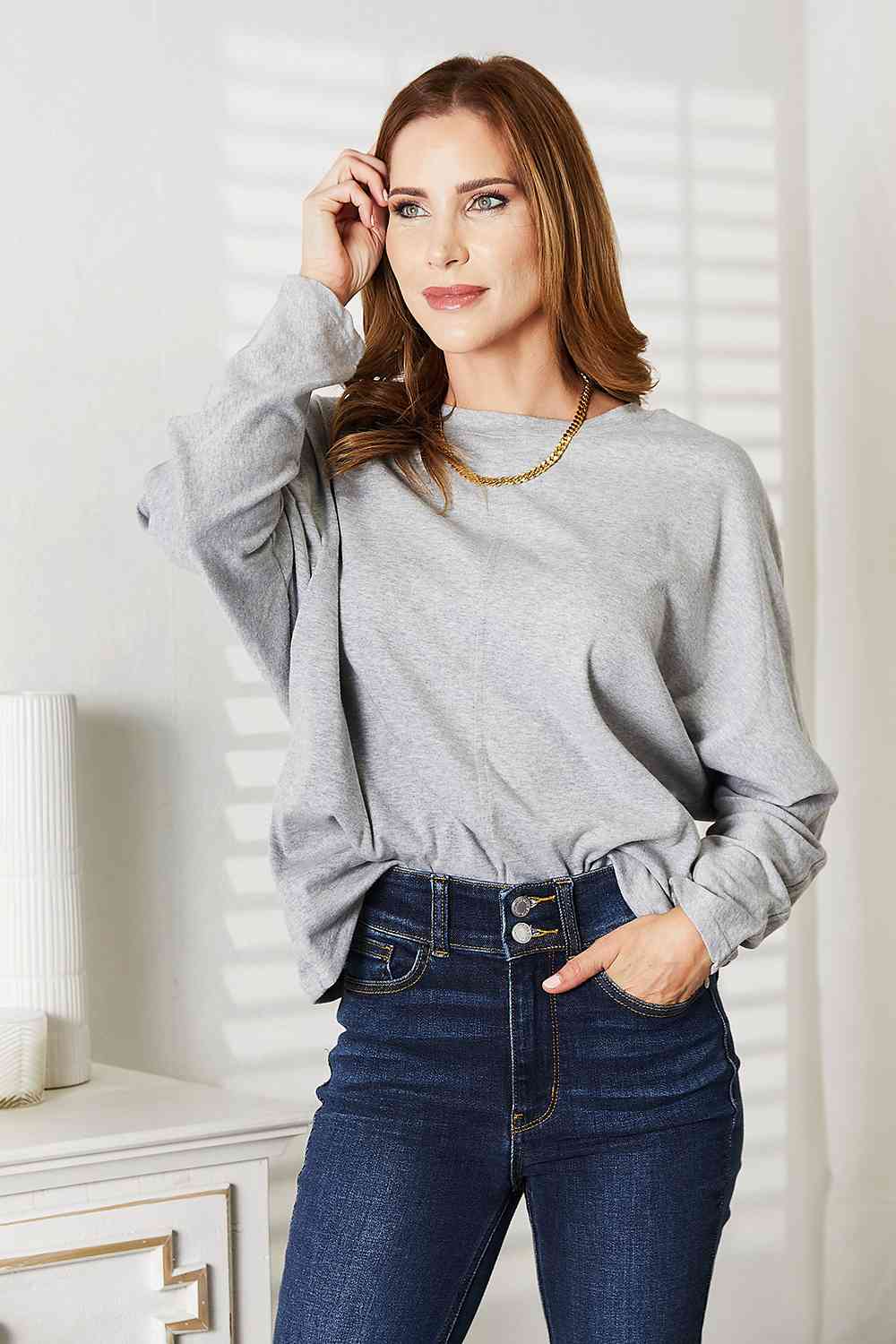 Double Take Seam Detail Round Neck Long Sleeve Women Top