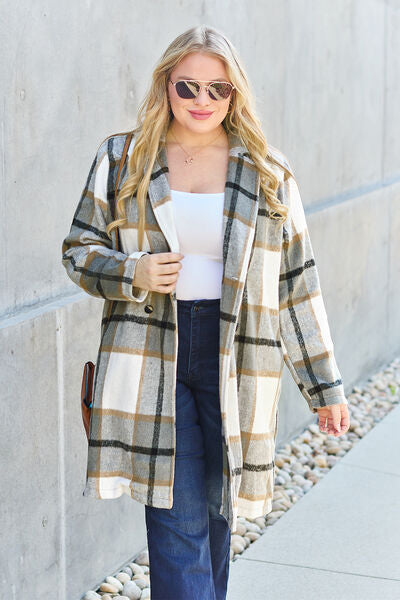 Double Take Full Size Plaid Button Up Lapel Women Collar Coat