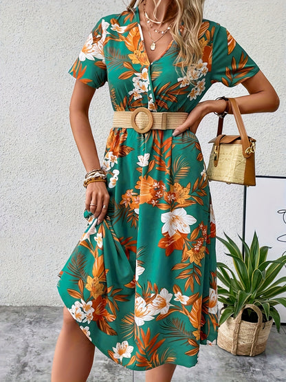 Floral Surplice Short Sleeve Women Dress