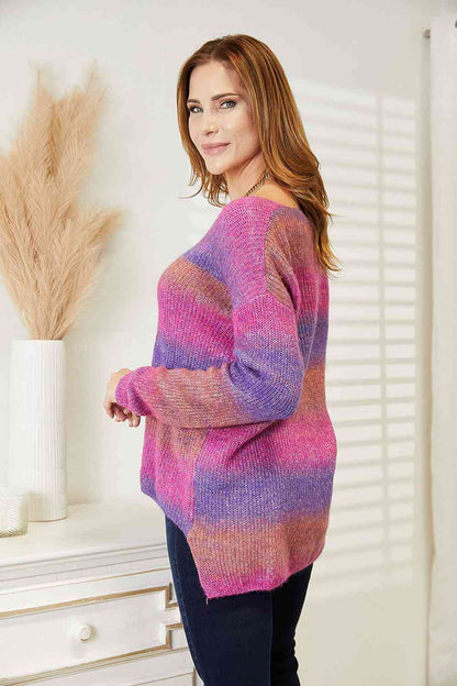 Double Take Multicolored Rib-Knit V-Neck Knit Women Pullover