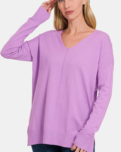 Zenana Slit V-Neck Dropped Shoulder Women Sweater