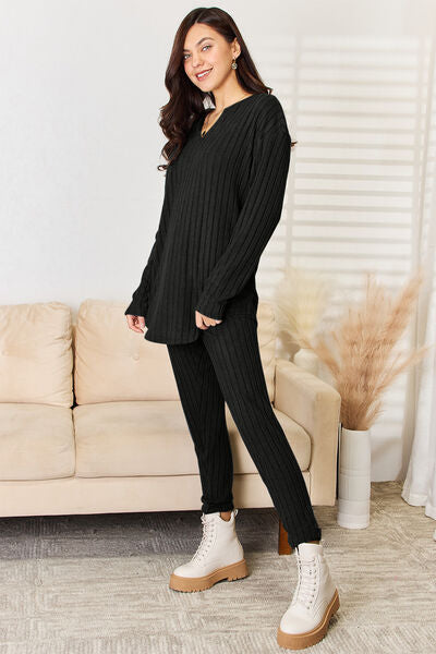 Basic Bae Full Size Notched Long Sleeve Top and Pants Women Set