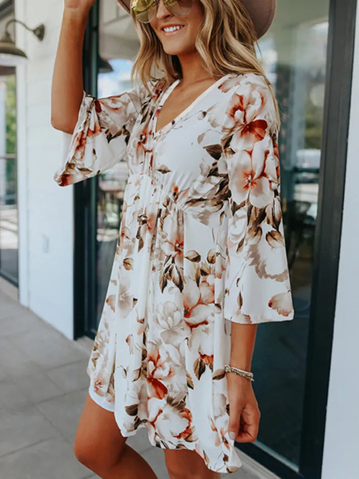 Floral V-Neck Three-Quarter Sleeve Women Dress