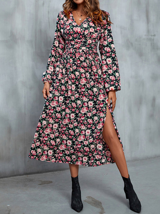 Floral V-Neck Slit Midi Women Dress