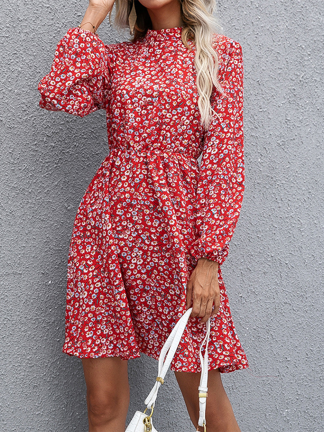 Floral Mock Neck Long Sleeve Women Dress