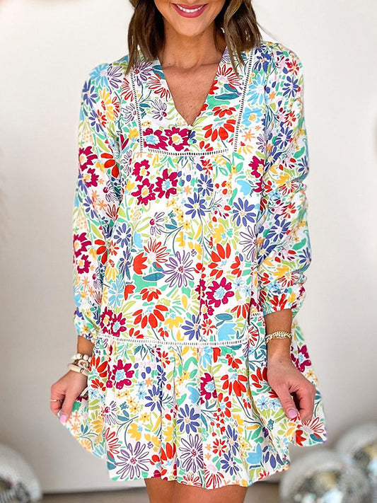 V-Neck Floral Print Long Sleeve Women Mini Dress