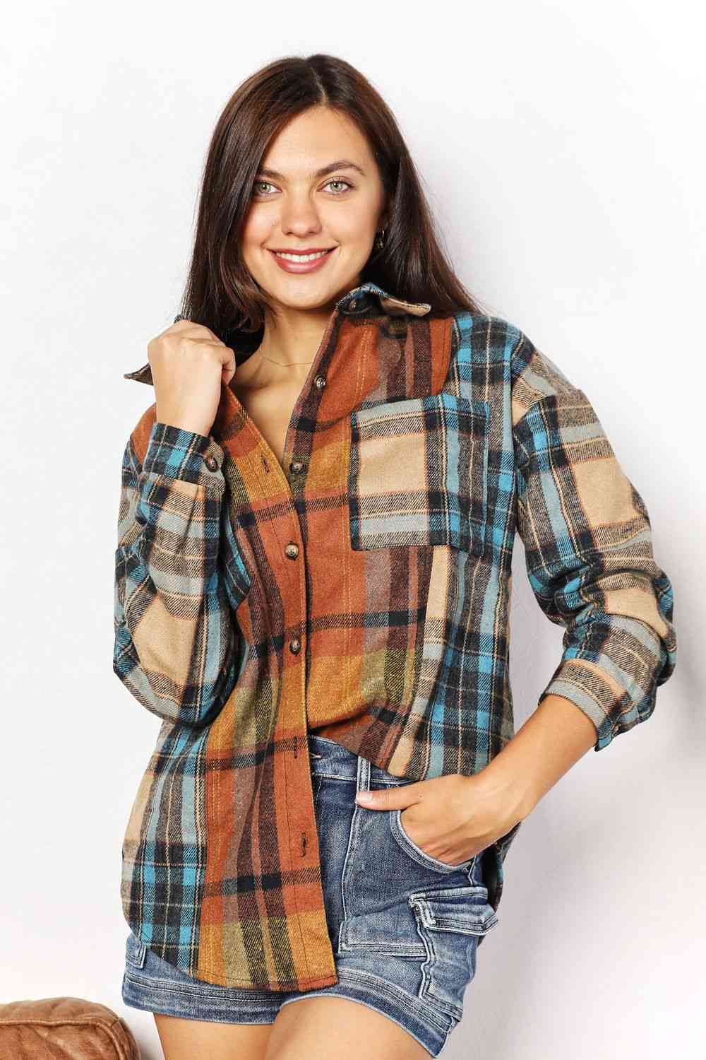 Double Take Plaid Curved Women Hem Shirt Jacket with Breast Pockets