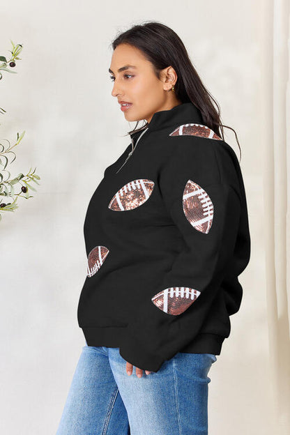 Double Take Full Size Sequin Football Half Zip Long Sleeve Women Sweatshirt