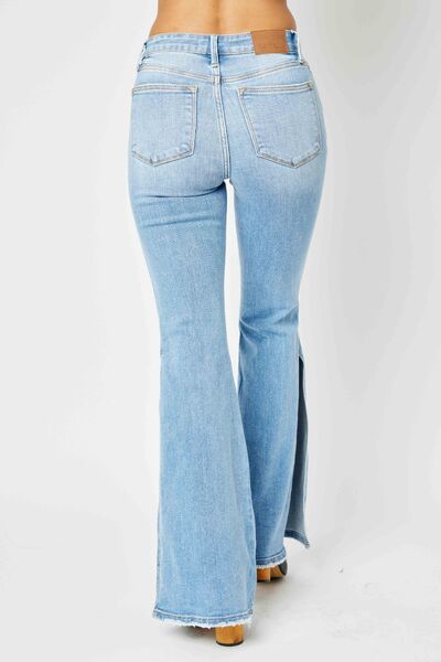 Judy Blue Full Size Mid Rise Raw Hem Slit Flare Women Jeans