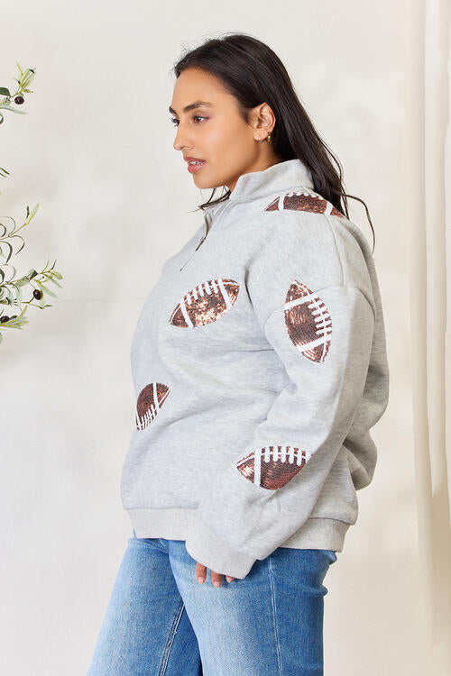 Double Take Full Size Sequin Football Half Zip Long Sleeve Women Sweatshirt