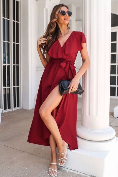 Ruffled Surplice Tie Waist Slit Midi Women Dress